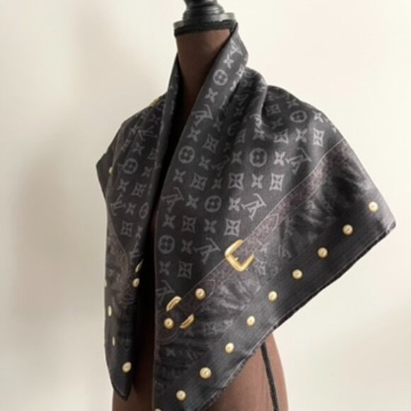 New Louis Vuitton Scarf Monogram Denim Blask Gray Square Silk Wrap - Picture 4 of 16